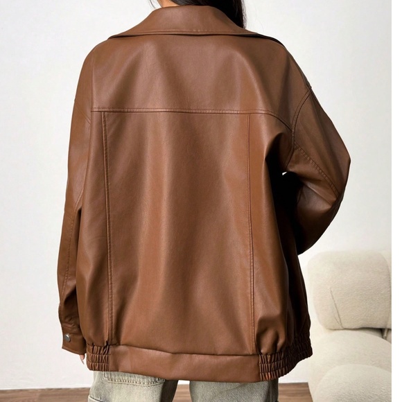 Luxe Vegan Leather Zipper Pockets Oversized Bomber Jacket - Picture 6 of 9